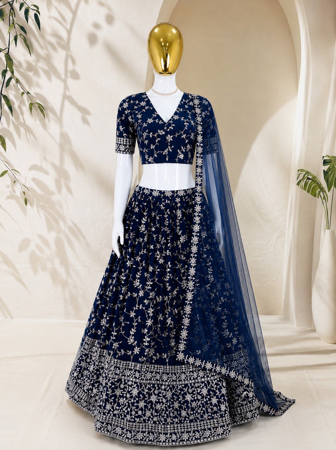 Georgette Thread Zari Sequence Embroidery Lehenga