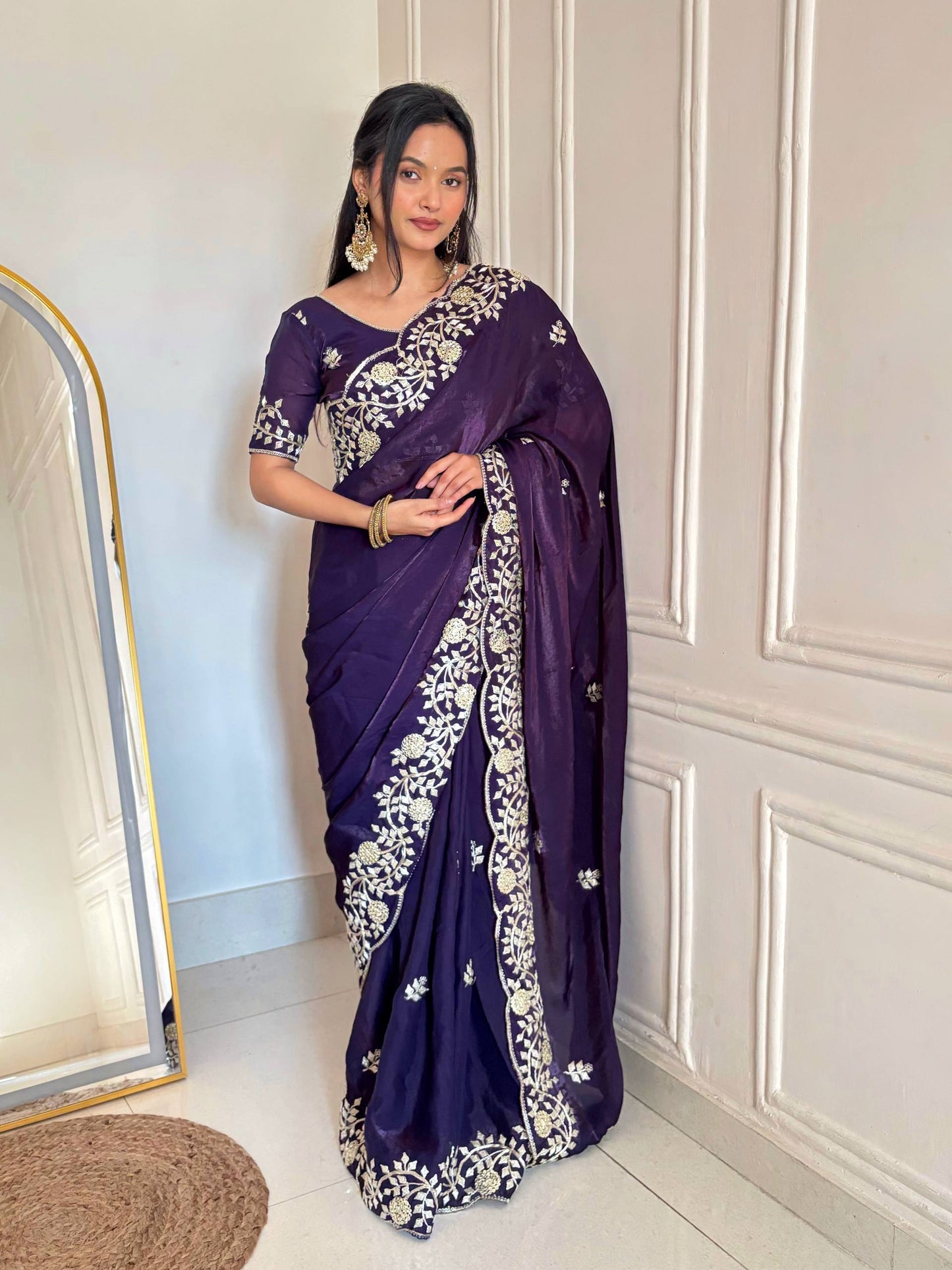 Fandy Satin Silk Solid Plain Saree with 5mm Sequins Embroidery Saree