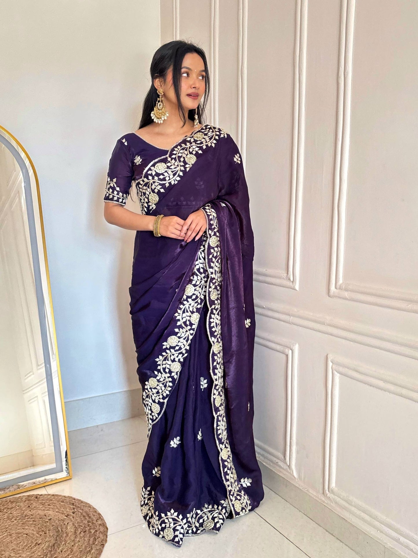 Fandy Satin Silk Solid Plain Saree with 5mm Sequins Embroidery Saree