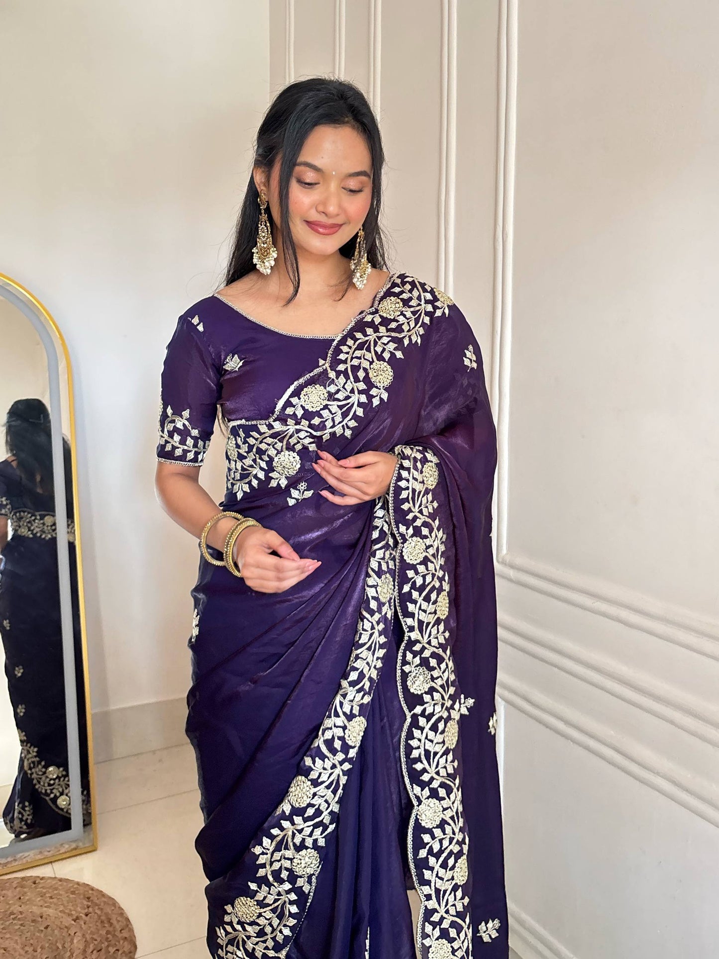 Fandy Satin Silk Solid Plain Saree with 5mm Sequins Embroidery Saree