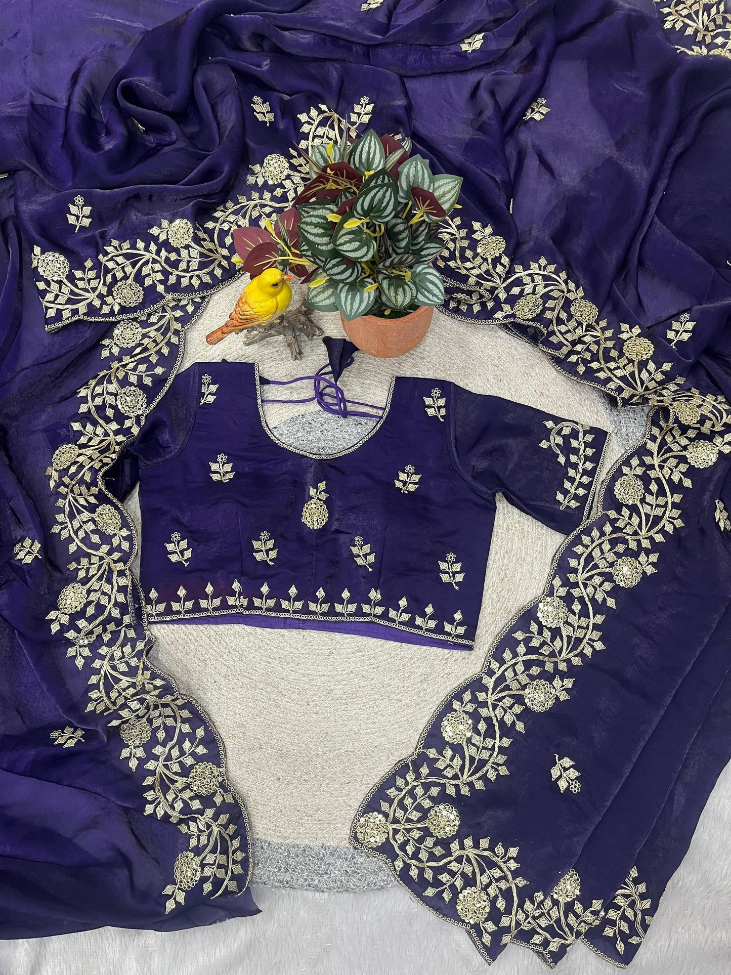 Fandy Satin Silk Solid Plain Saree with 5mm Sequins Embroidery Saree
