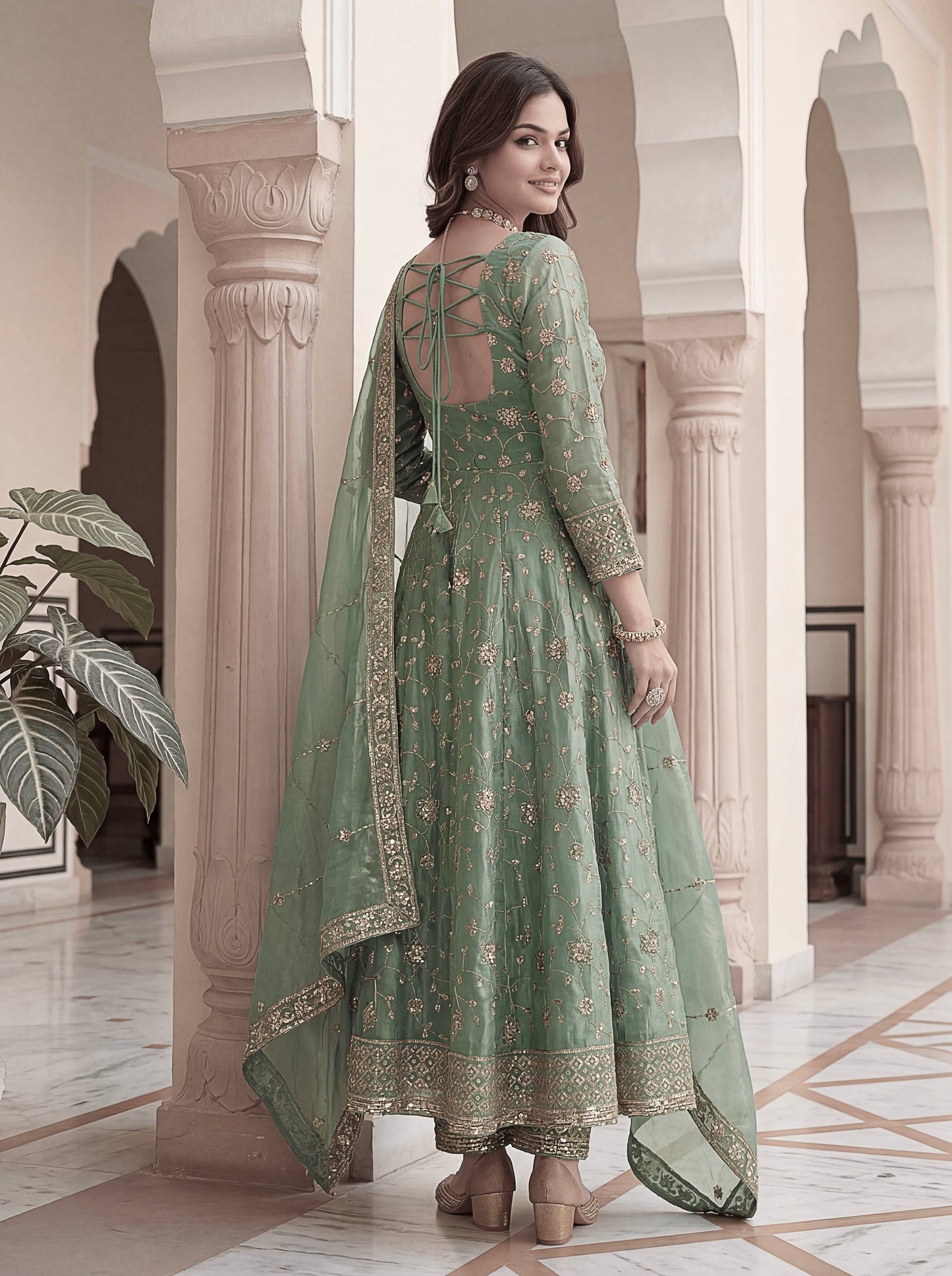 Fandy Silk Crap Embroidery Sequence Zari Work Gown