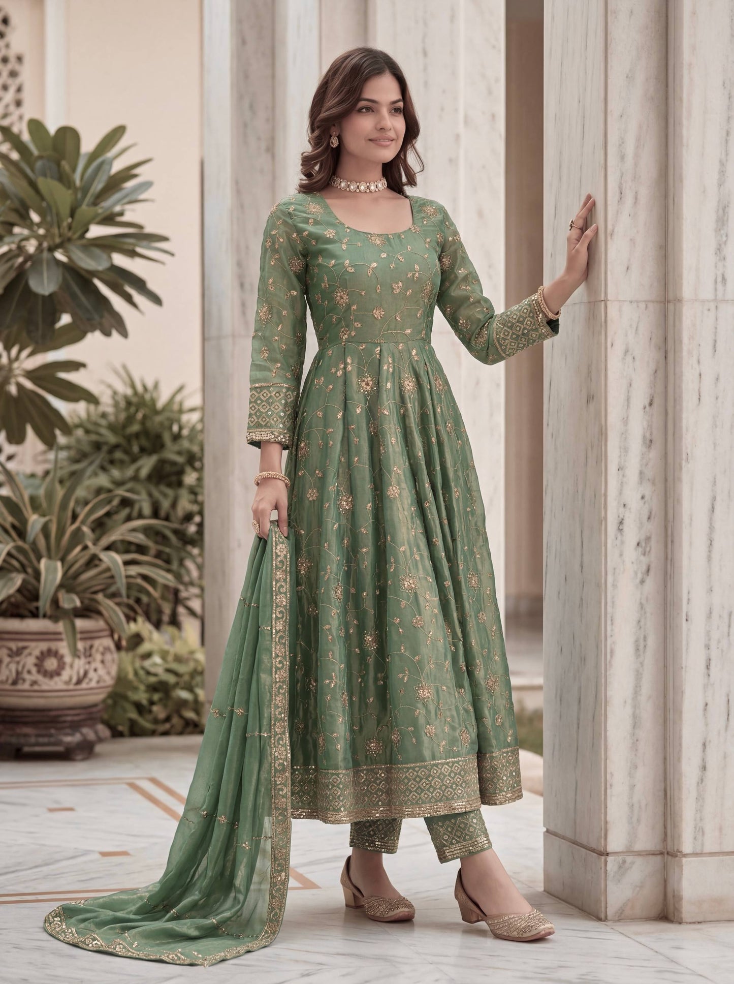 Fandy Silk Crap Embroidery Sequence Zari Work Gown
