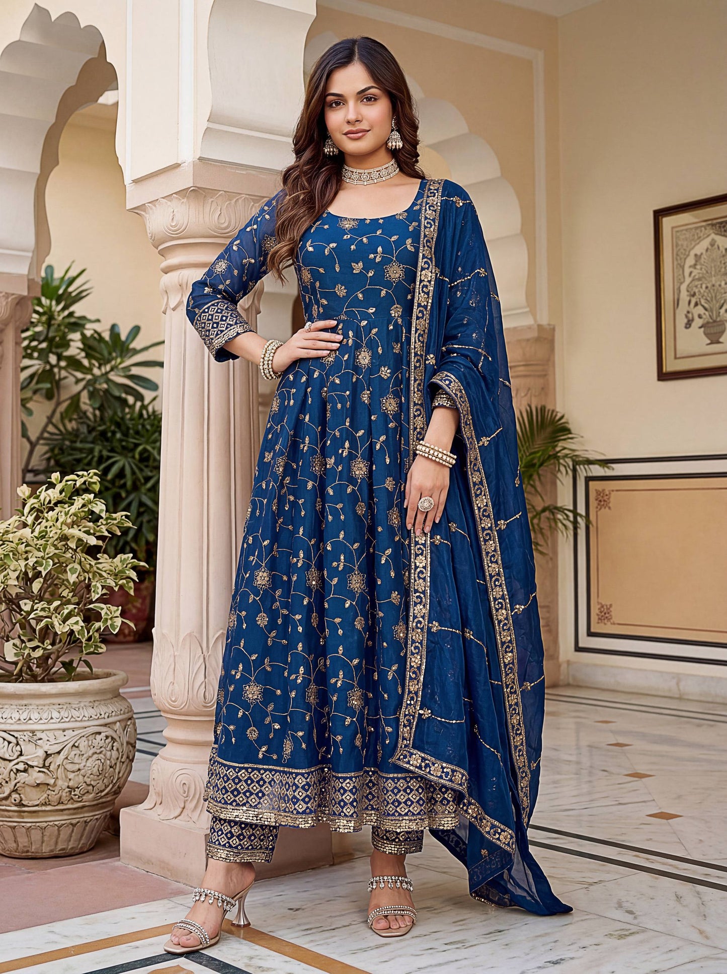 Fandy Silk Crap Embroidery Sequence Zari Work Gown