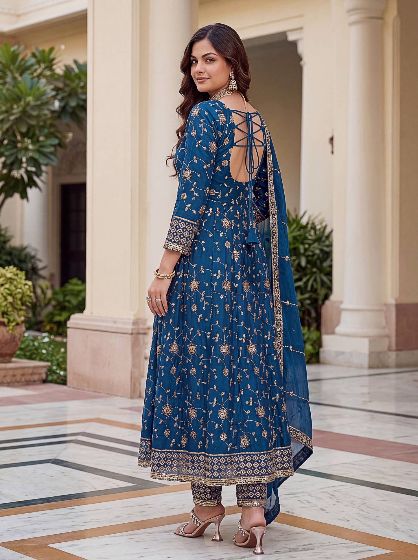 Fandy Silk Crap Embroidery Sequence Zari Work Gown