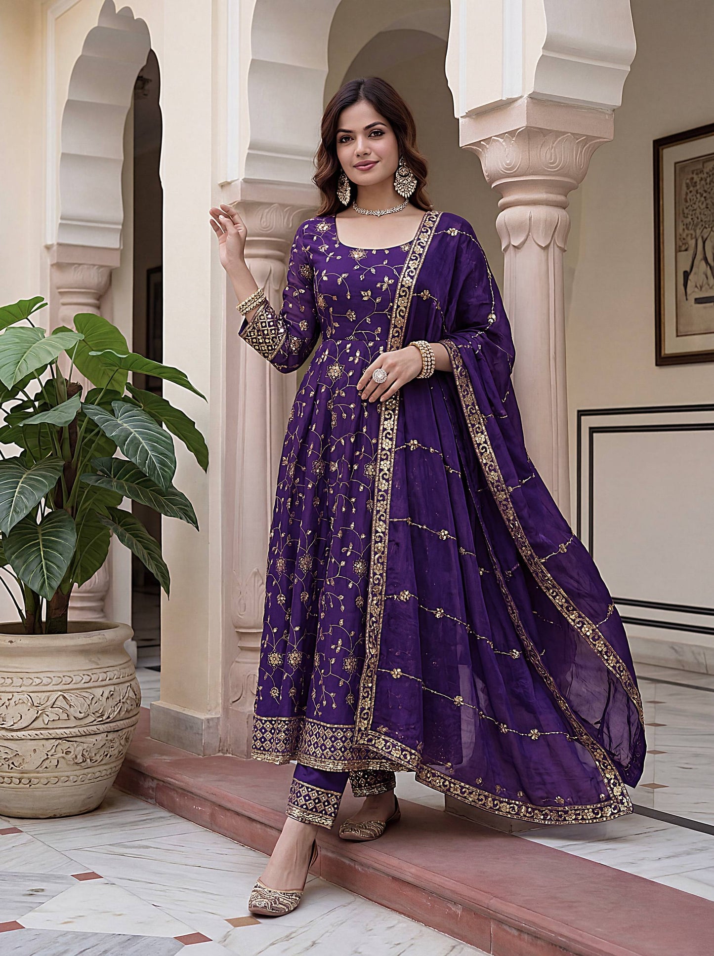 Fandy Silk Crap Embroidery Sequence Zari Work Gown