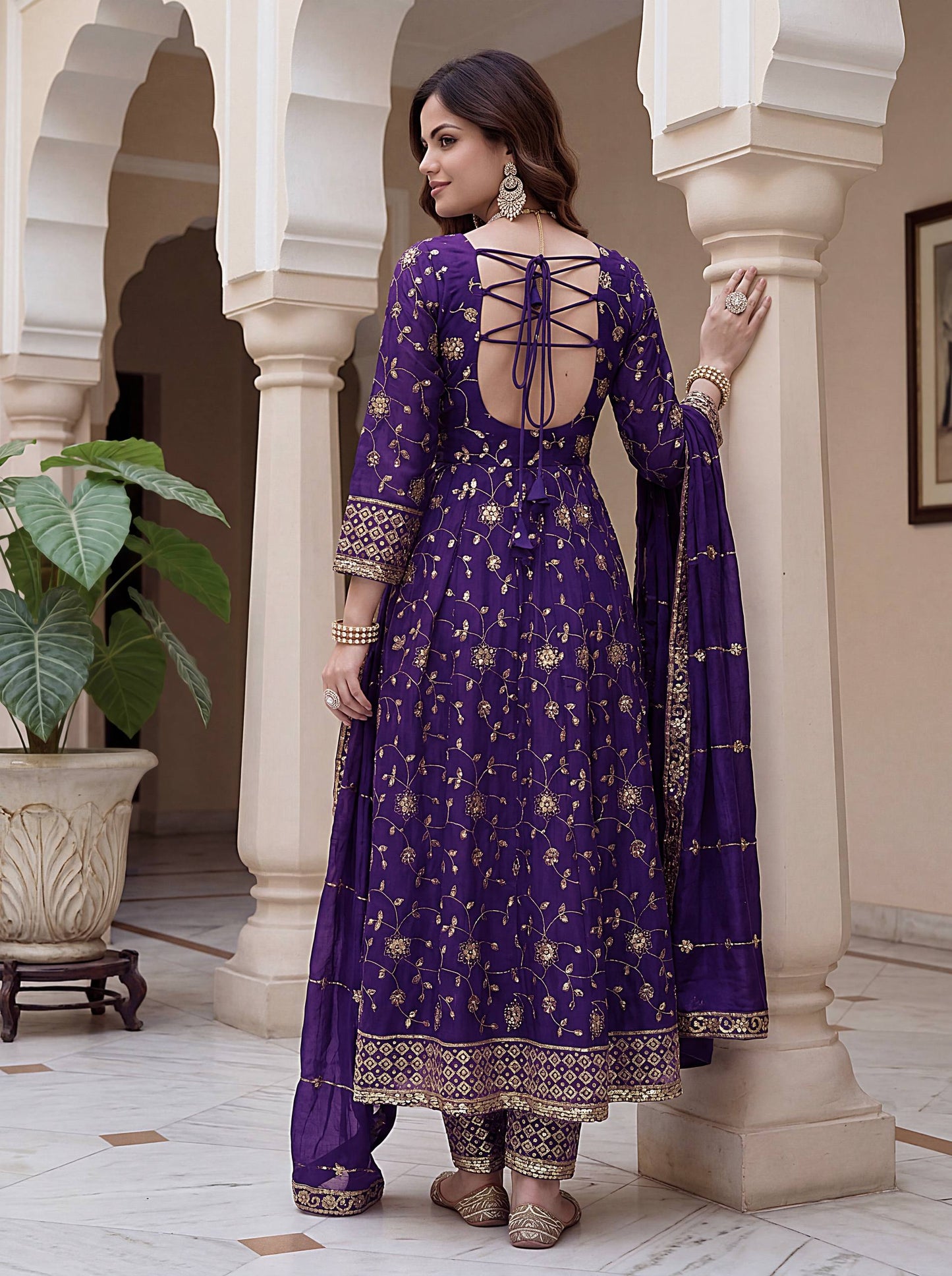 Fandy Silk Crap Embroidery Sequence Zari Work Gown