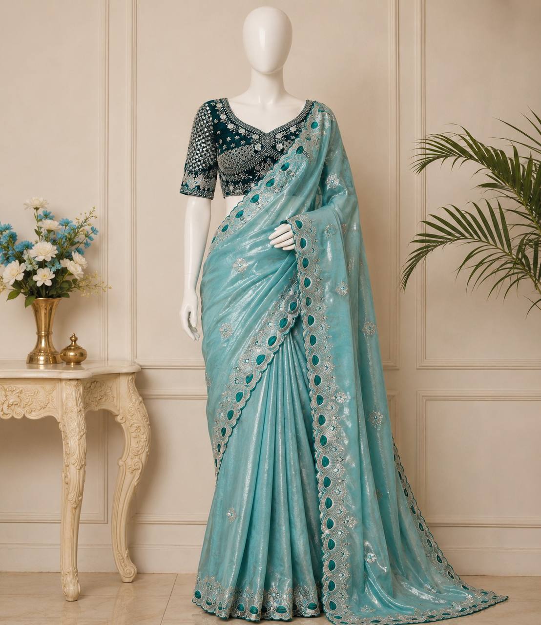 Pure Fandy satin material with c pallu embroidery work saree