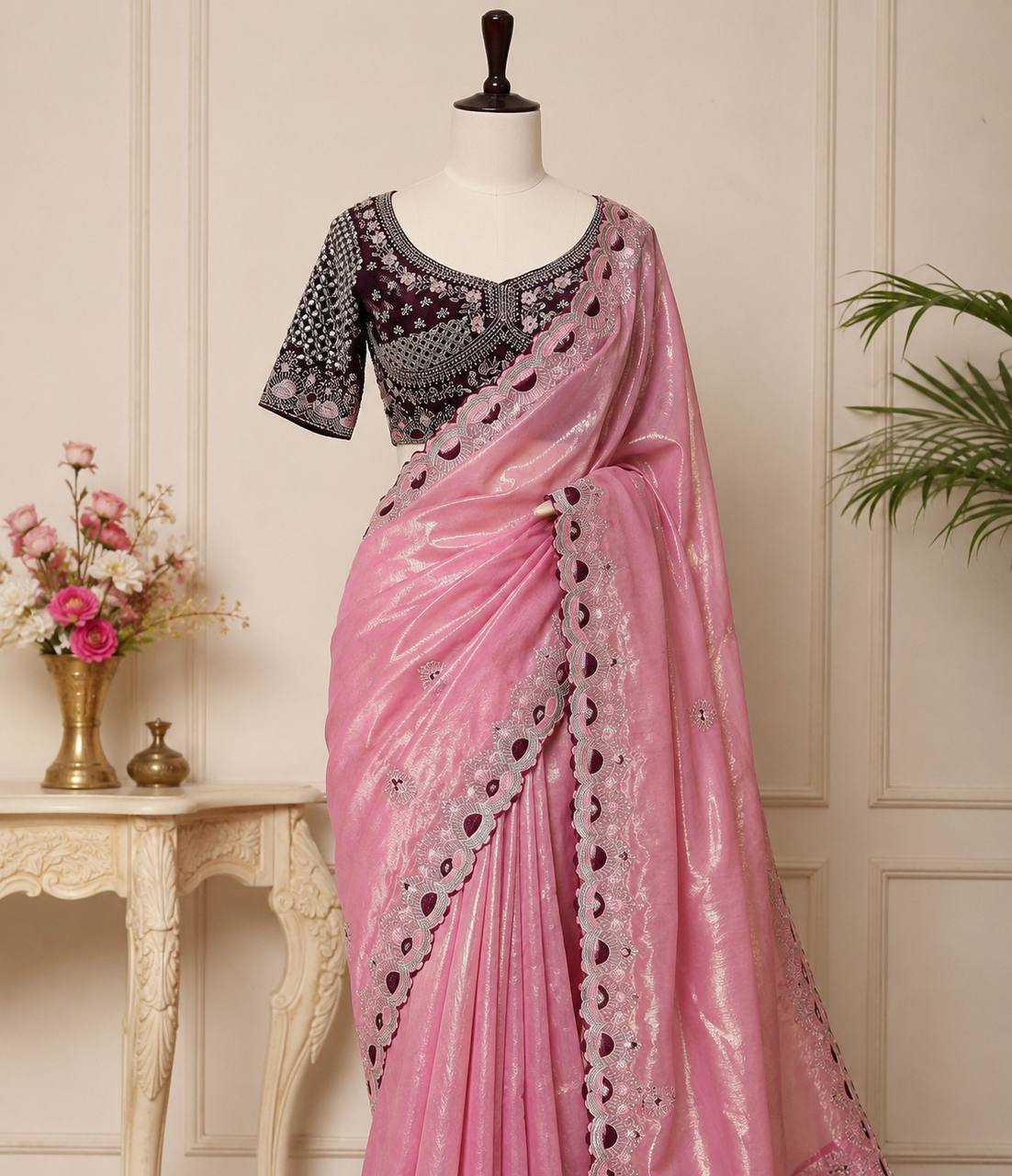 Pure Fandy satin material with c pallu embroidery work saree