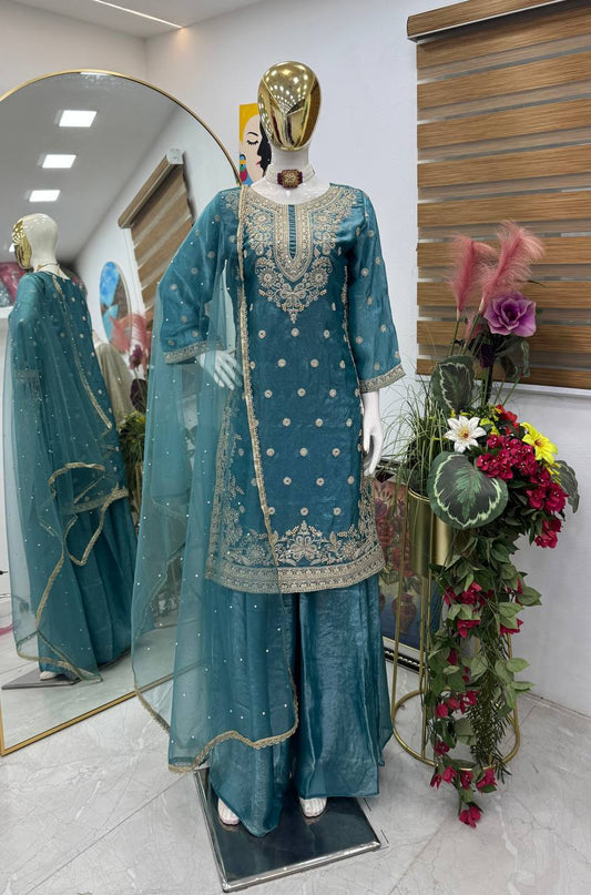 New Designer Party Top Pallazo & Dupatta Set