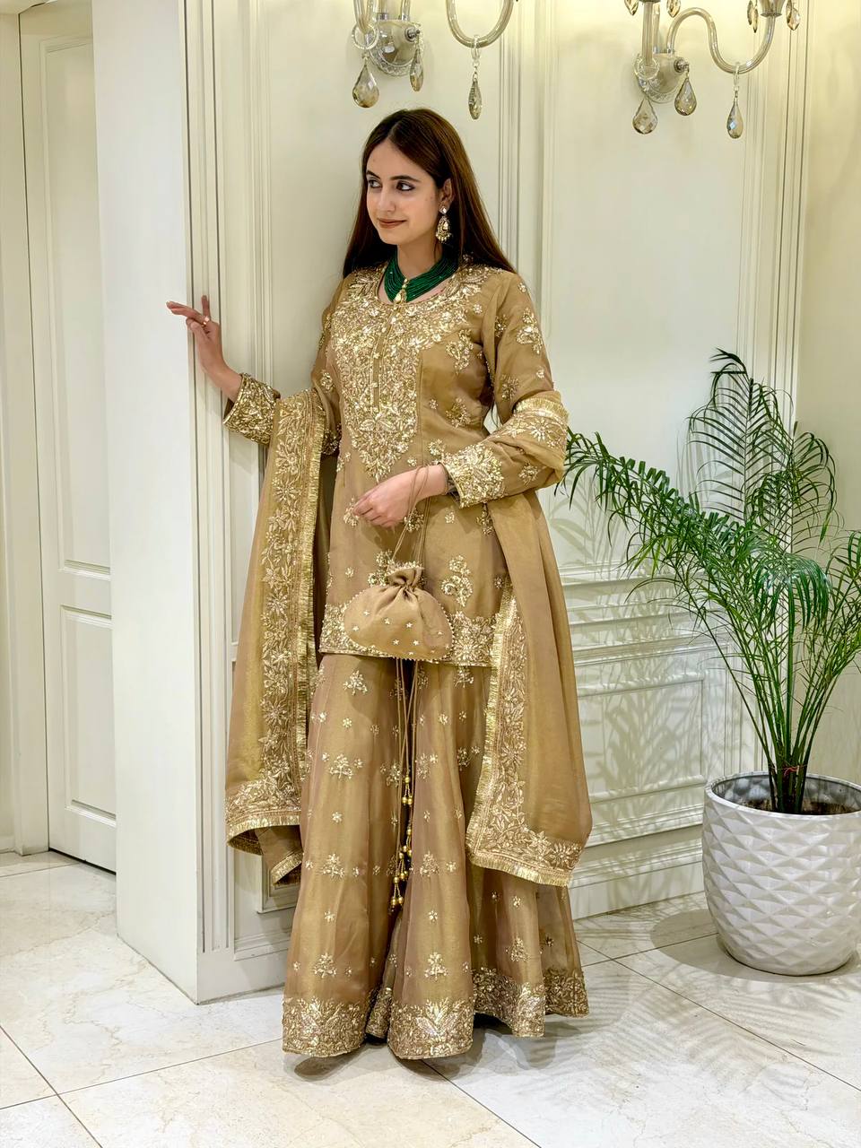 Launching New Đěsigner Party Wear Look Pur Nc Moss Silk Top & Palazzo With Dupatta