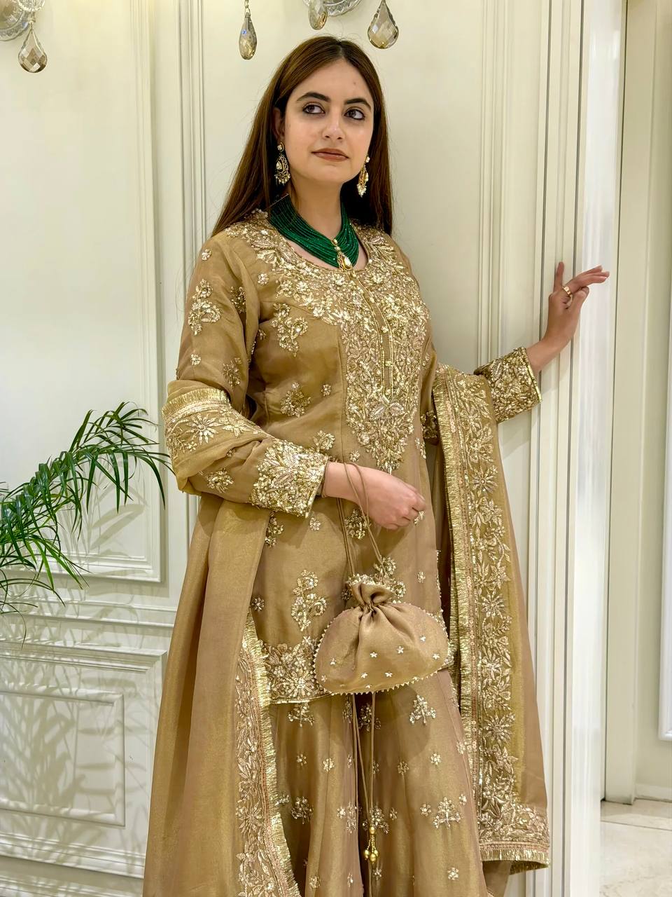 Launching New Đěsigner Party Wear Look Pur Nc Moss Silk Top & Palazzo With Dupatta