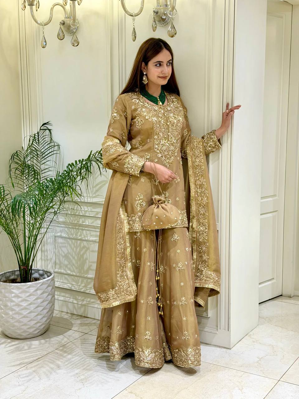 Launching New Đěsigner Party Wear Look Pur Nc Moss Silk Top & Palazzo With Dupatta