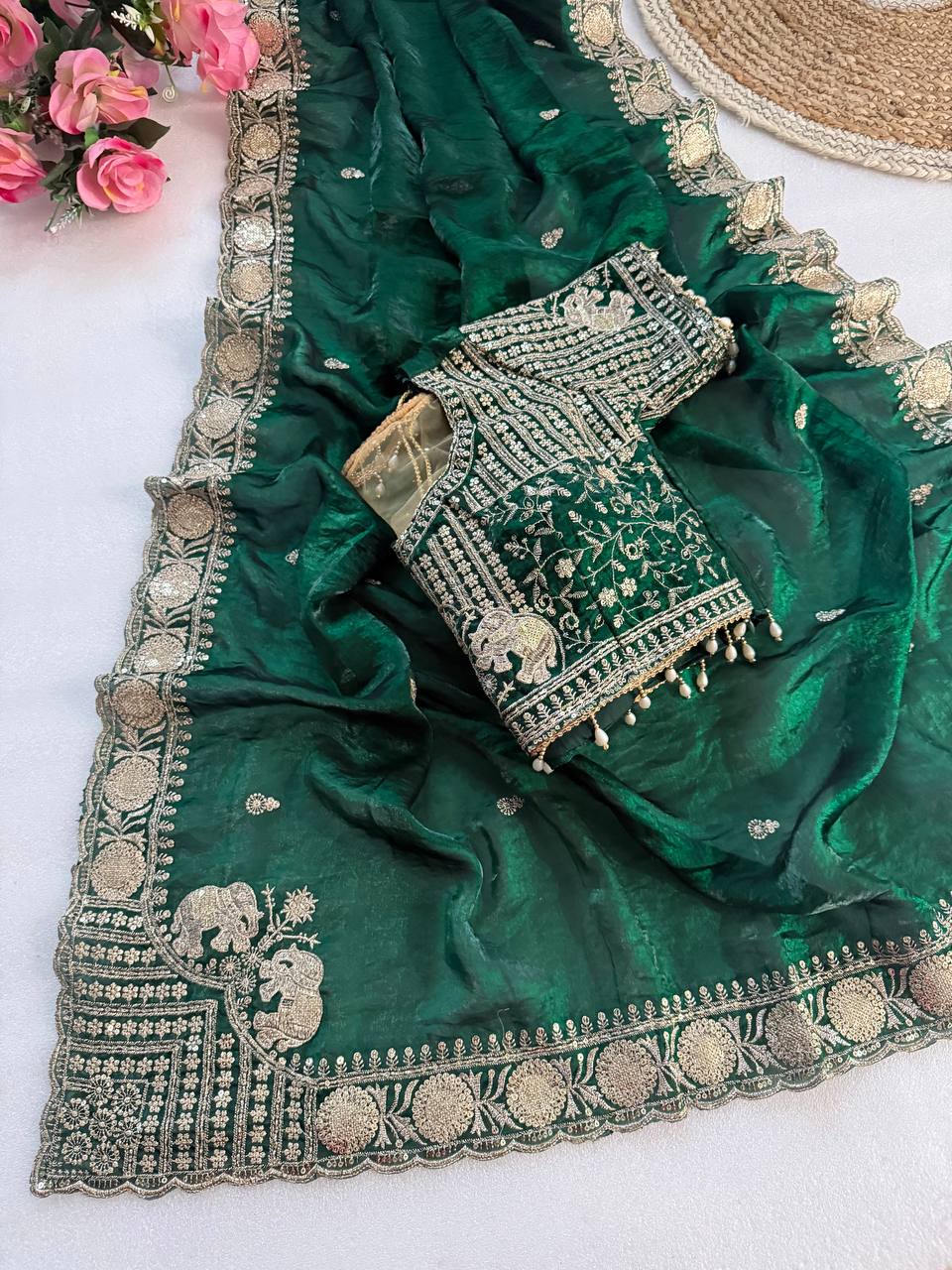 Pure Fandy satin material with c pallu embroidery work saree