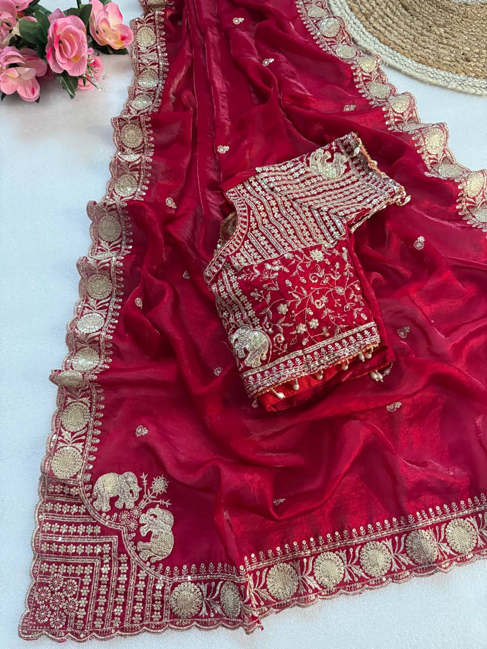 Pure Fandy satin material with c pallu embroidery work saree