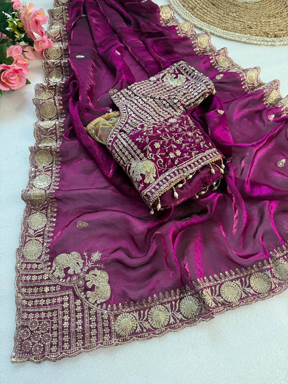 Pure Fandy satin material with c pallu embroidery work saree