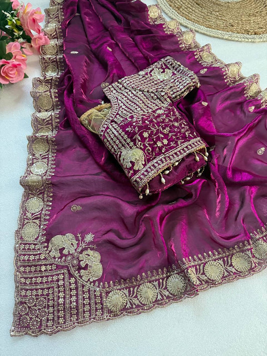 Pure Fandy satin material with c pallu embroidery work saree