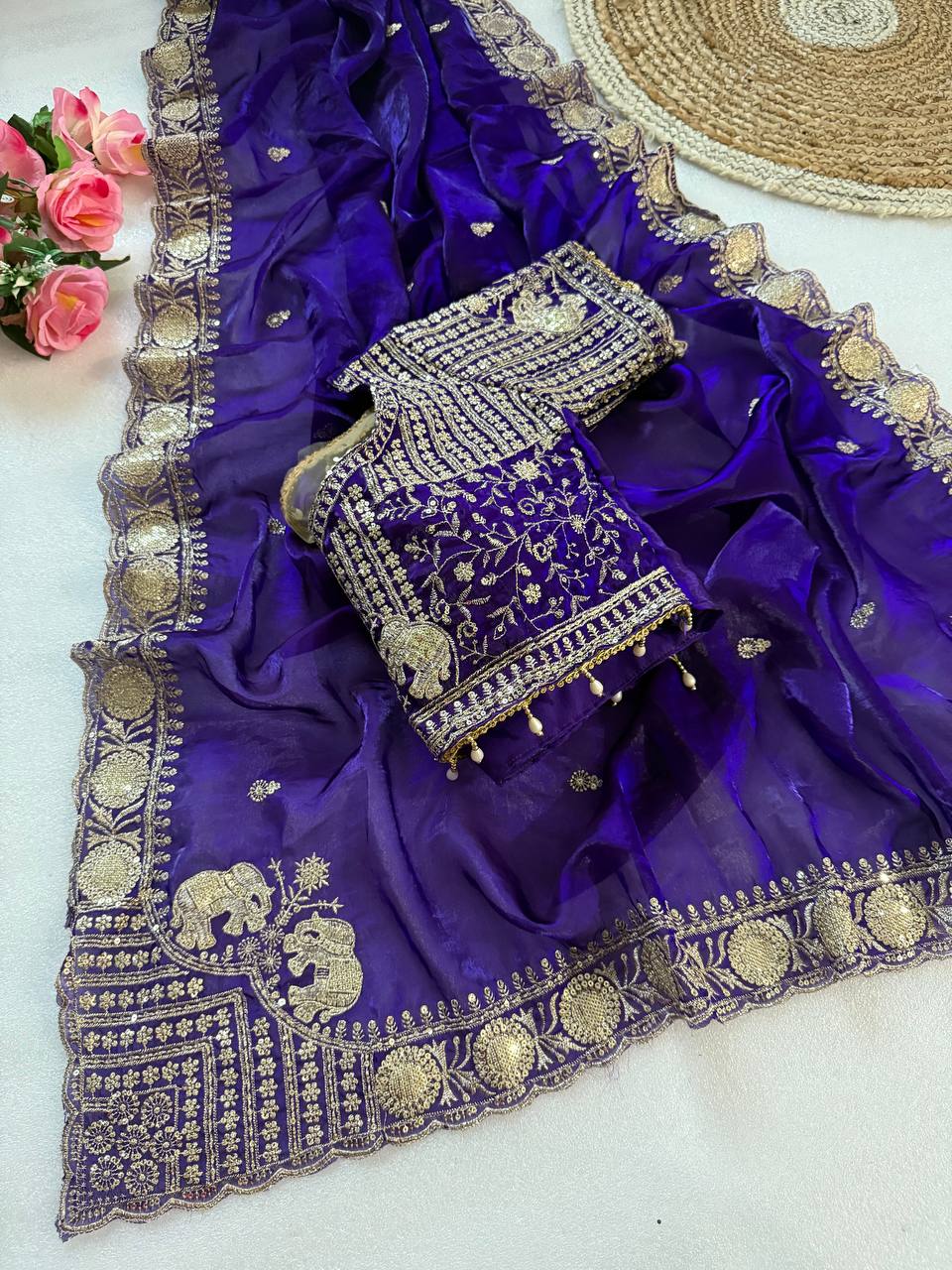 Pure Fandy satin material with c pallu embroidery work saree
