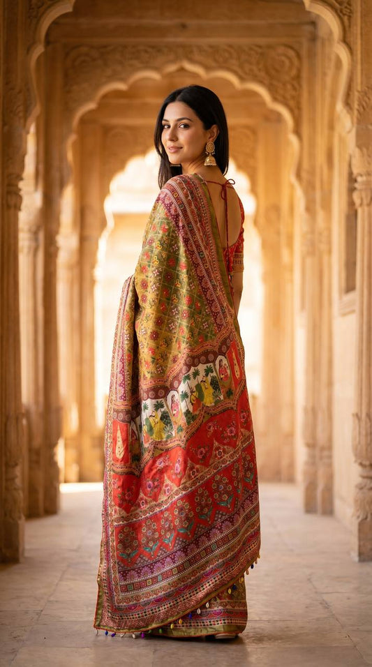 Roman Silk With ajarakh Print Saree