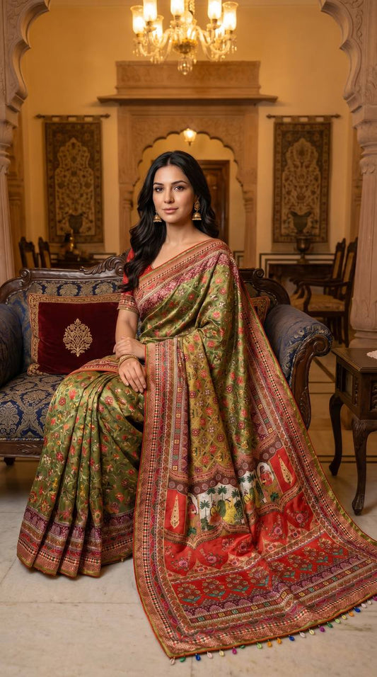 Roman Silk With ajarakh Print Saree