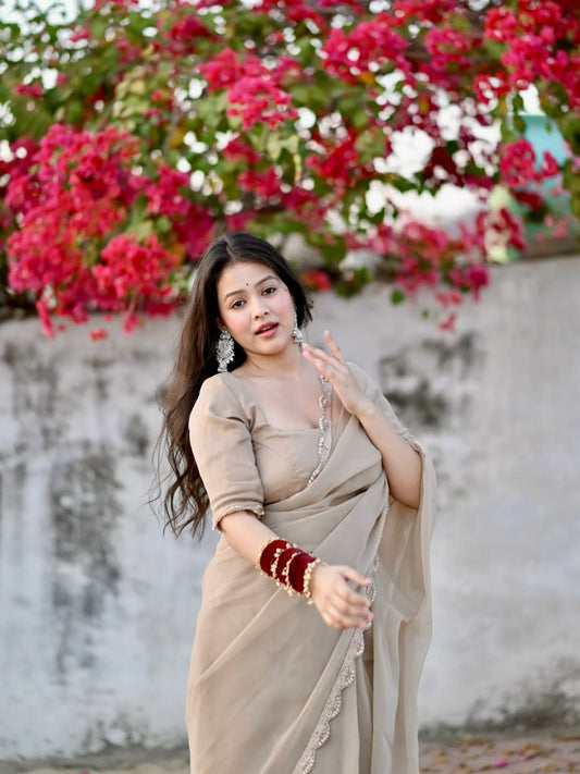 STAR GEORGETTE BEAUTIFUL HAND MADE MOTI LACE SAREE