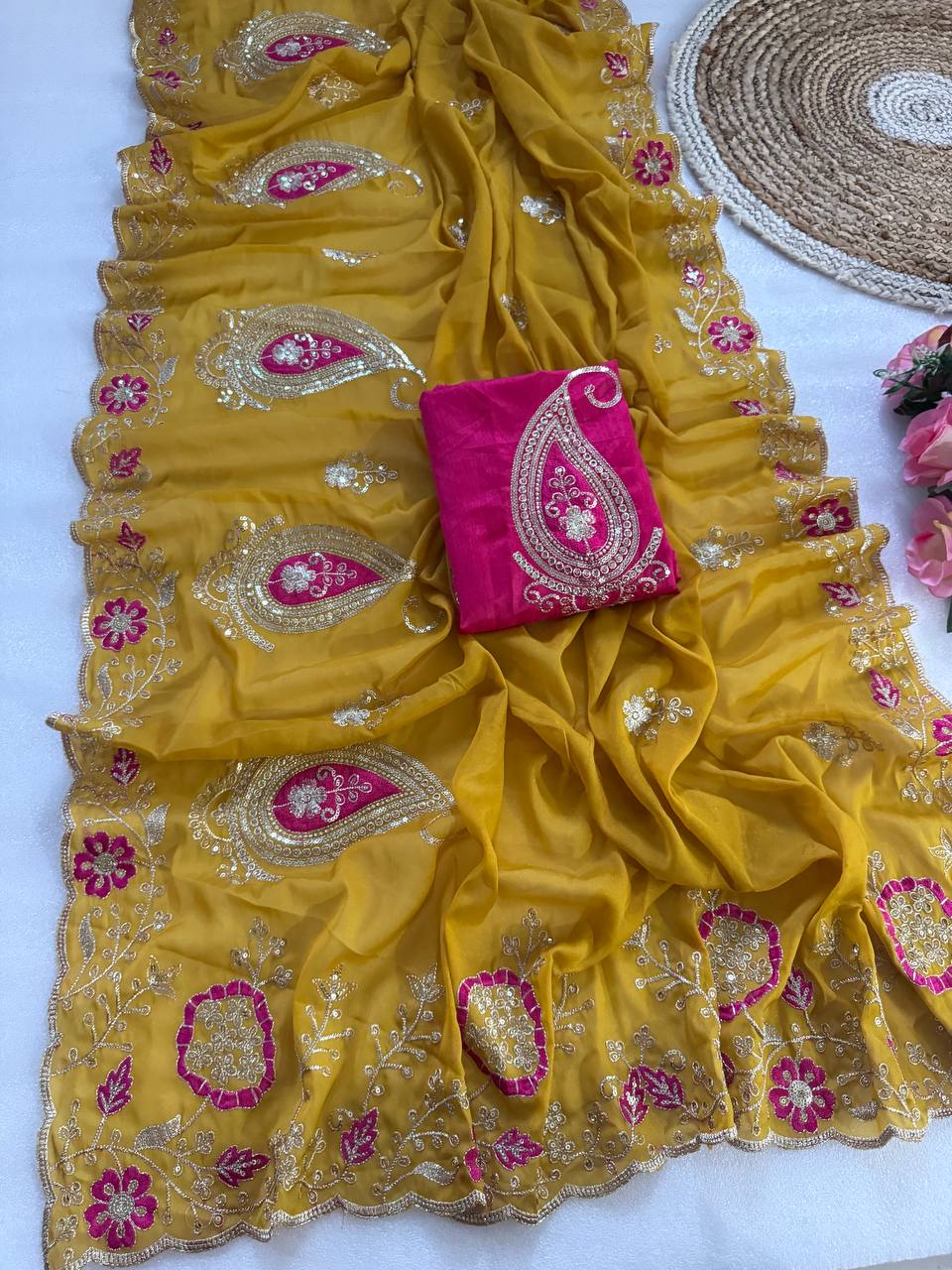 Pure star Georgette fabric with c pallu embroidery work saree