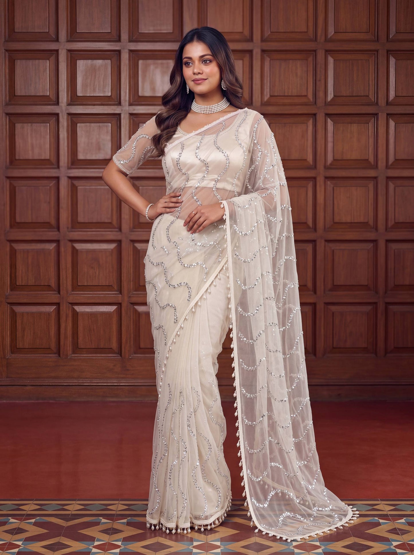 Net Bidds sequence pearls Embroidery Work Saree