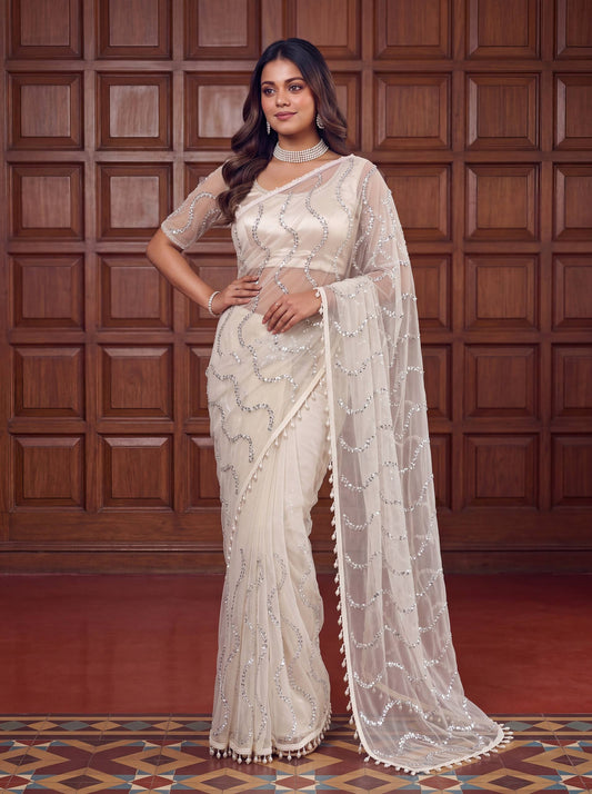 Net Bidds sequence pearls Embroidery Work Saree