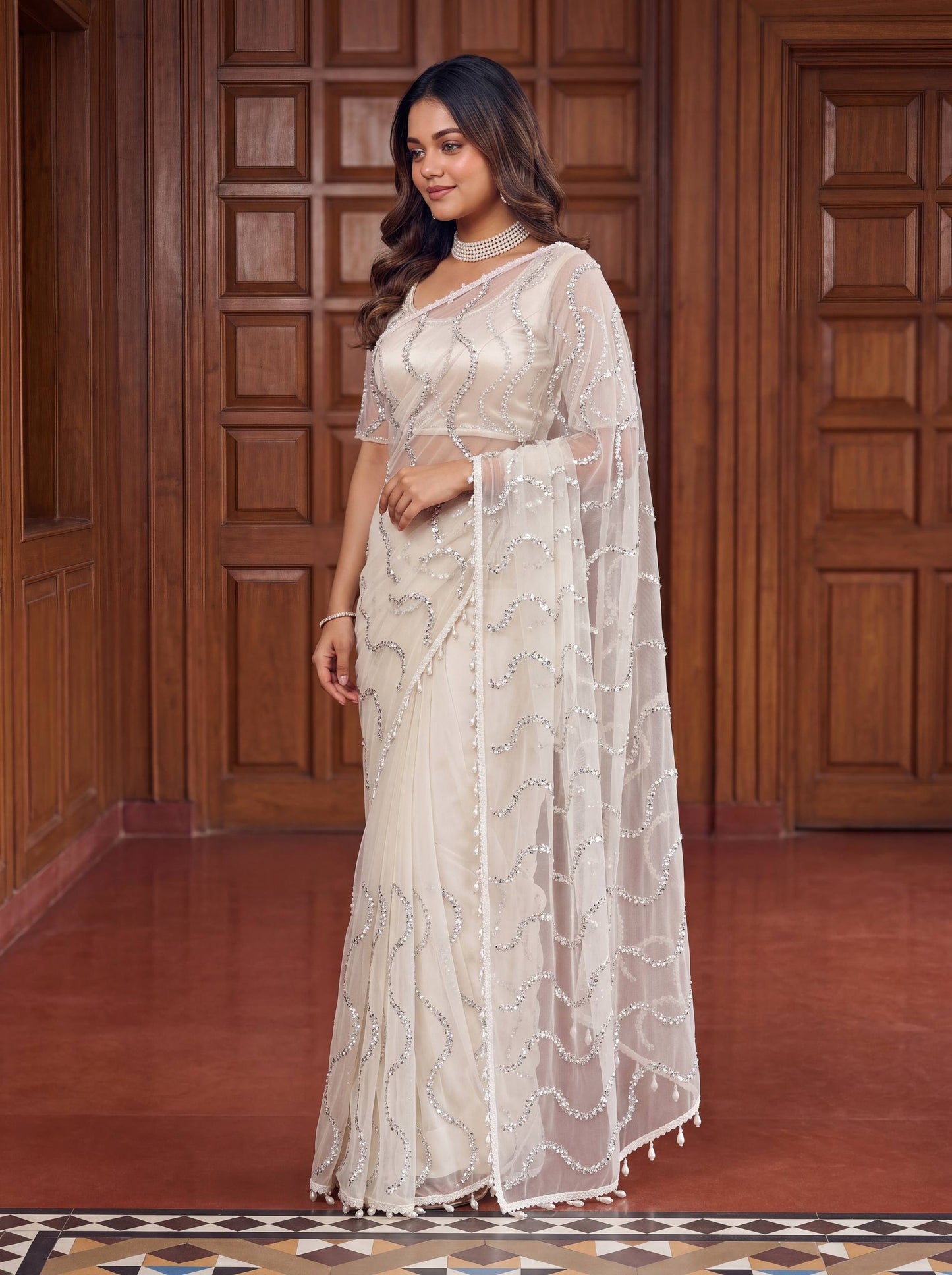 Net Bidds sequence pearls Embroidery Work Saree