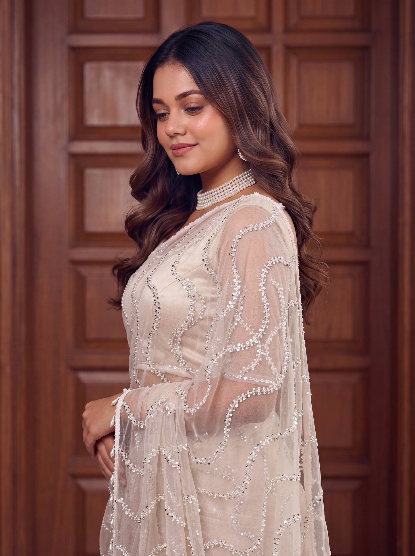 Net Bidds sequence pearls Embroidery Work Saree