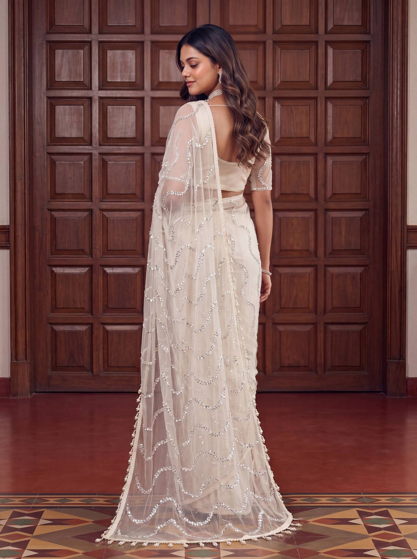 Net Bidds sequence pearls Embroidery Work Saree