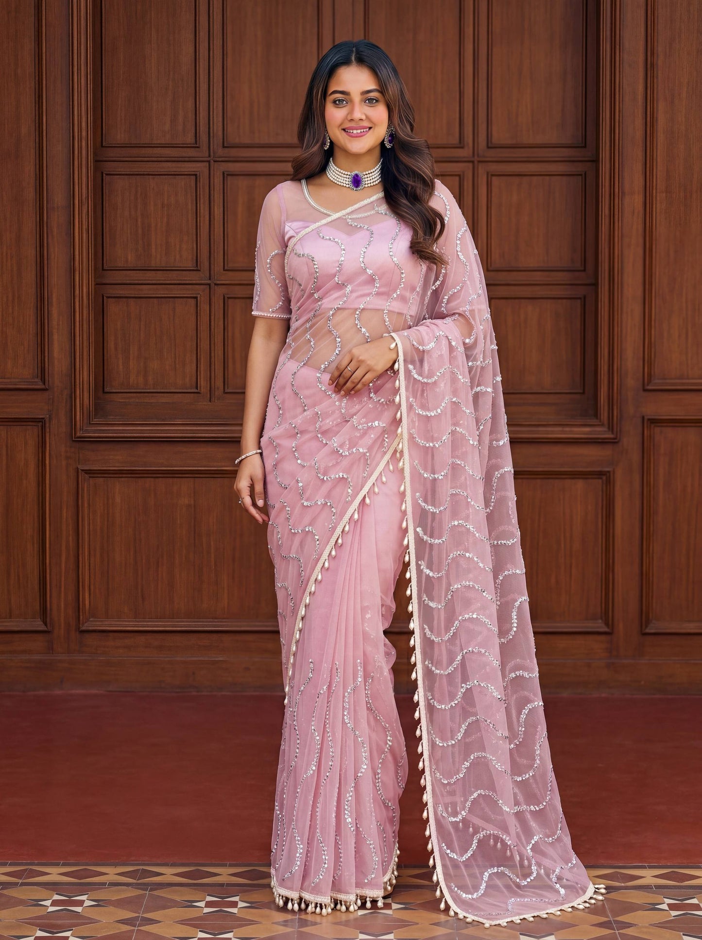 Net Bidds sequence pearls Embroidery Work Saree