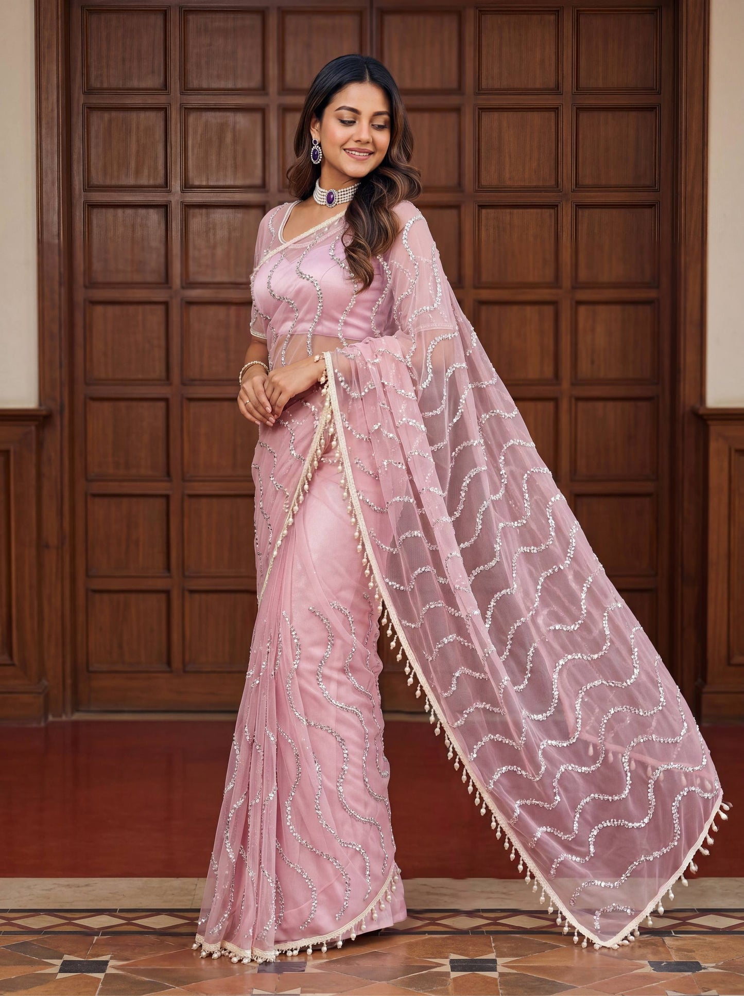 Net Bidds sequence pearls Embroidery Work Saree