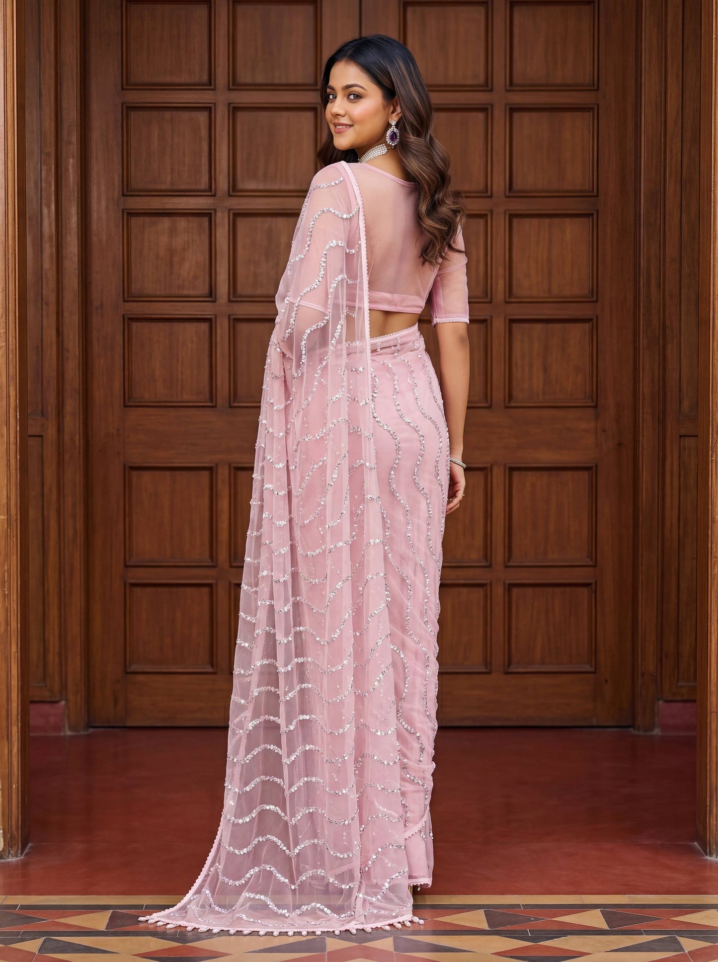Net Bidds sequence pearls Embroidery Work Saree