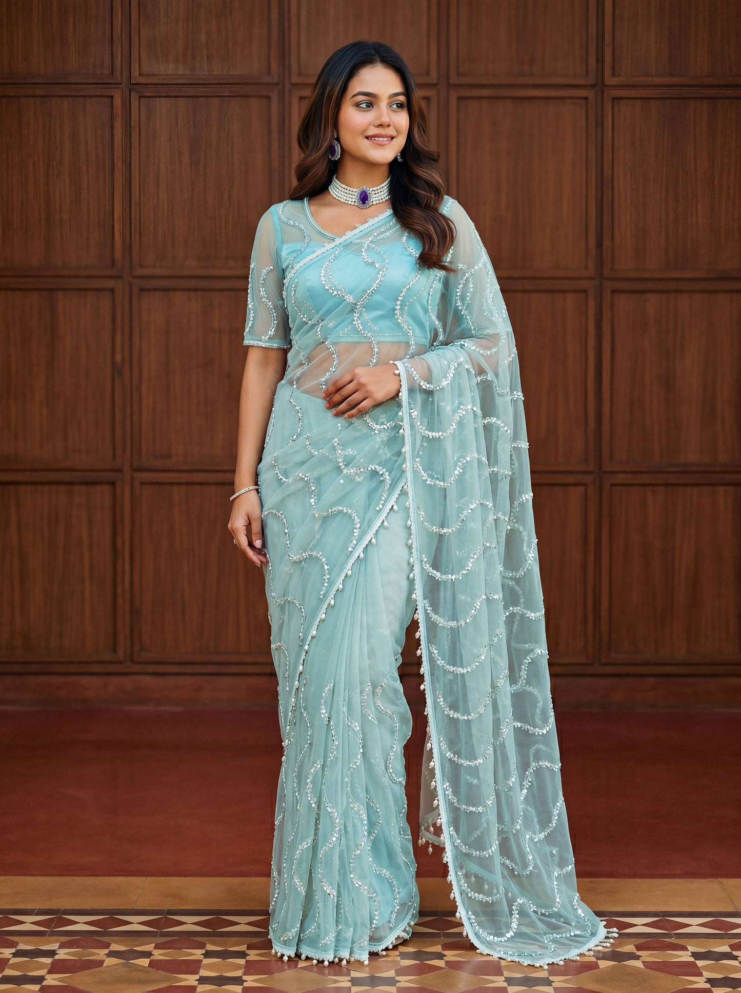 Net Bidds sequence pearls Embroidery Work Saree