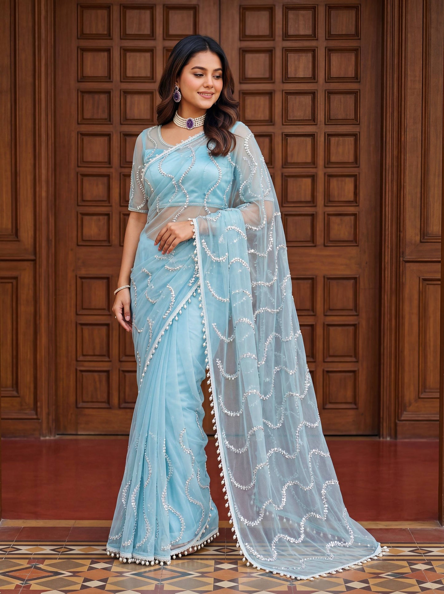Net Bidds sequence pearls Embroidery Work Saree