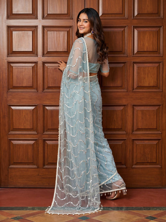 Net Bidds sequence pearls Embroidery Work Saree