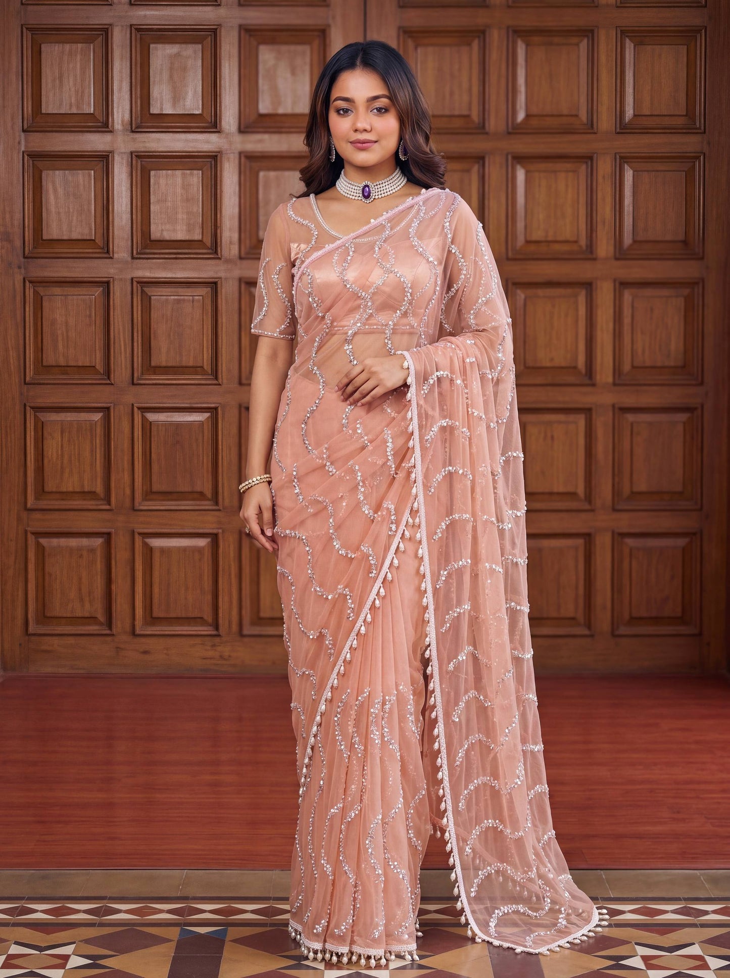 Net Bidds sequence pearls Embroidery Work Saree
