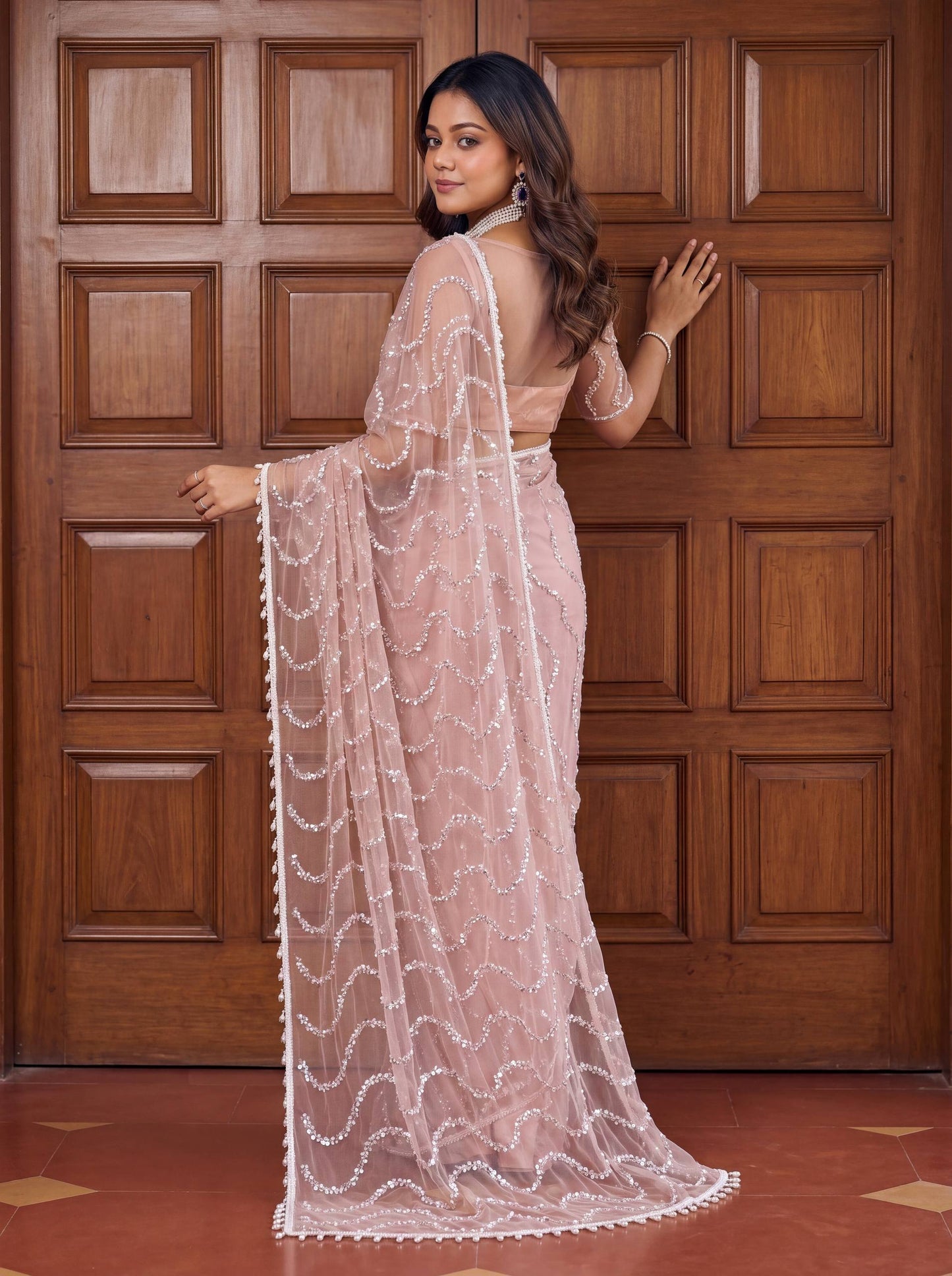Net Bidds sequence pearls Embroidery Work Saree