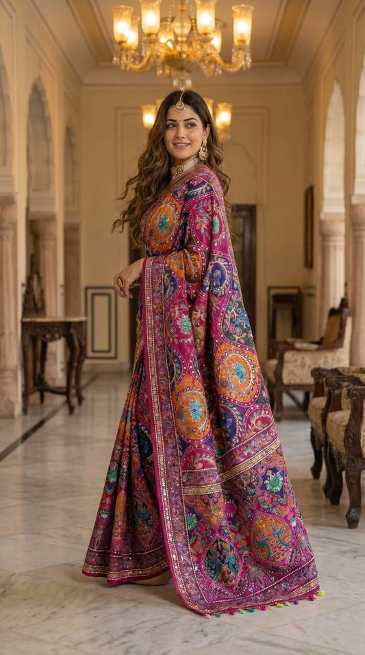 Roman Silk With ajarakh Print Saree