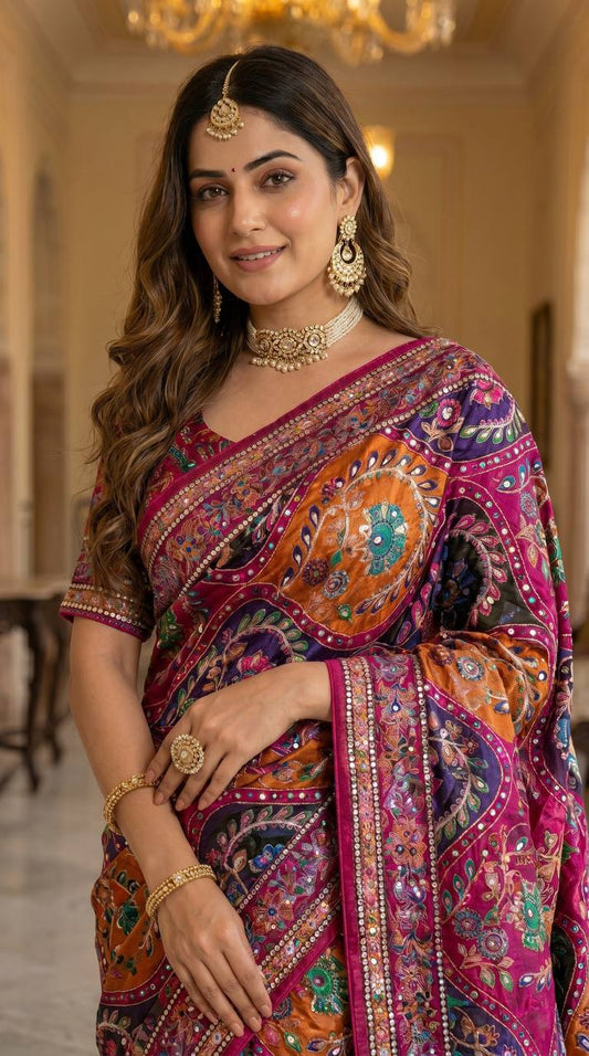 Roman Silk With ajarakh Print Saree