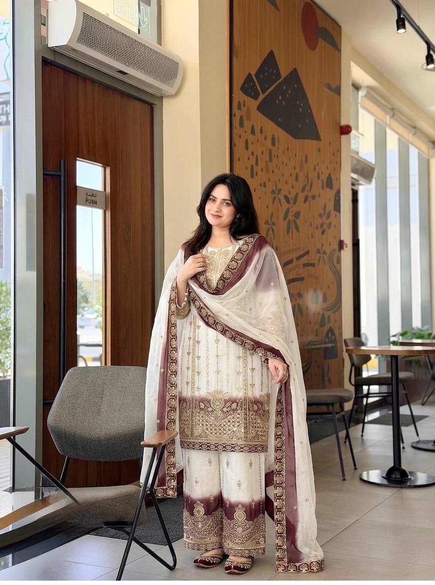 Launching New Đěsigner Party Wear Look Pur Heavy Dual Tone Peding Star Georgette Top Plazzo & Dupatta