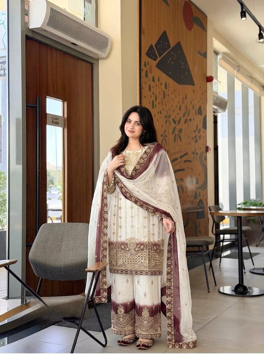 Launching New Đěsigner Party Wear Look Pur Heavy Dual Tone Peding Star Georgette Top Plazzo & Dupatta