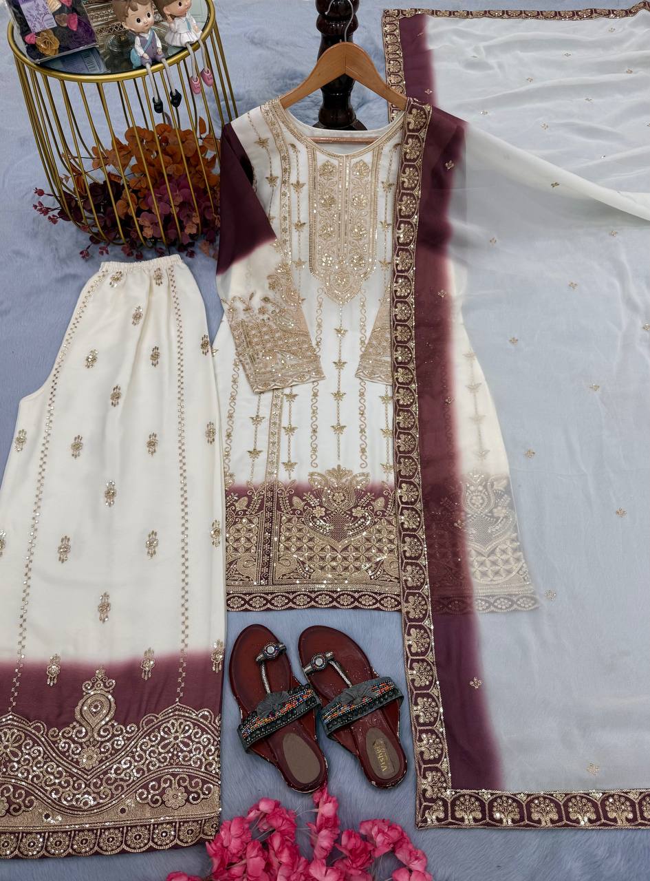 Launching New Đěsigner Party Wear Look Pur Heavy Dual Tone Peding Star Georgette Top Plazzo & Dupatta