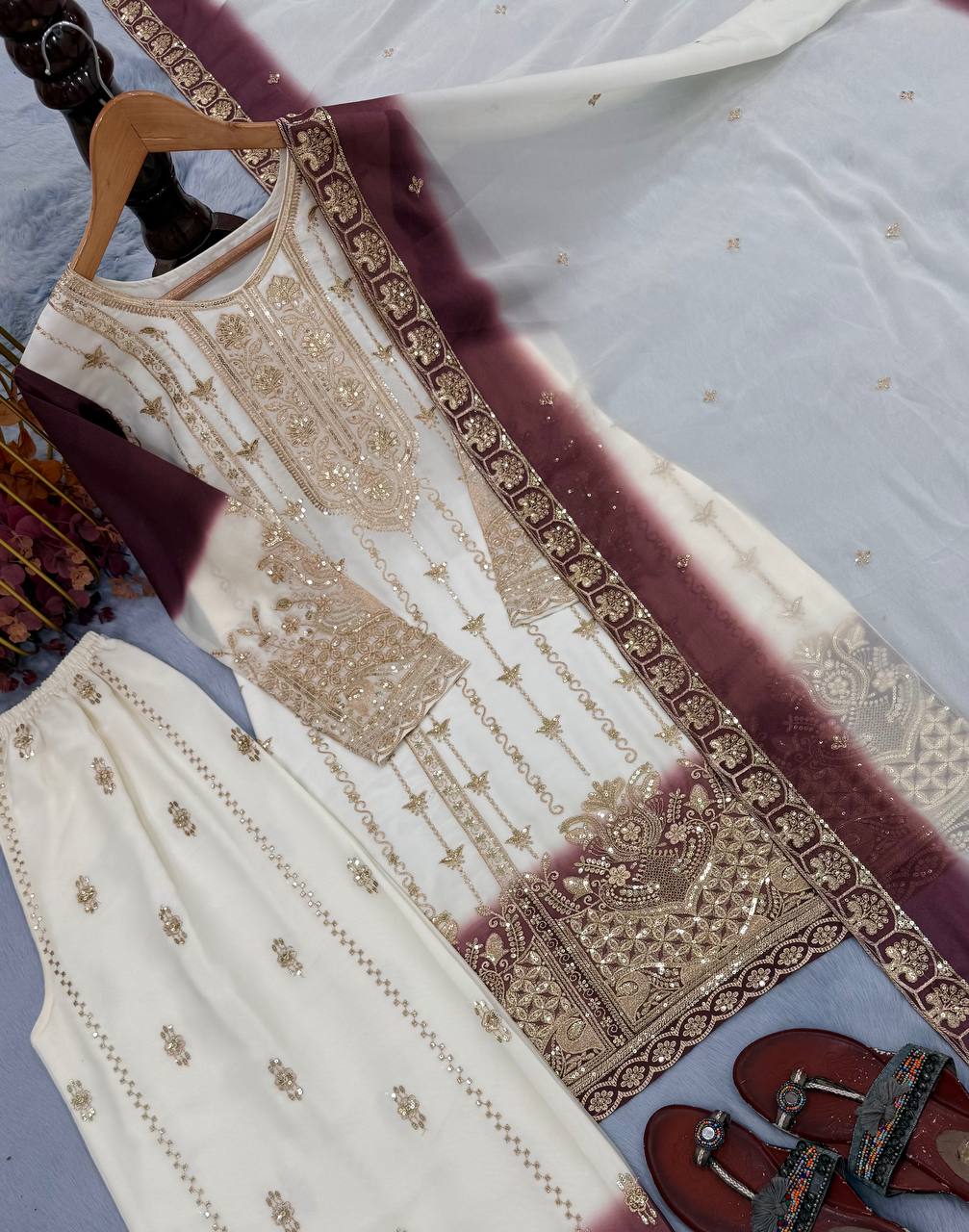 Launching New Đěsigner Party Wear Look Pur Heavy Dual Tone Peding Star Georgette Top Plazzo & Dupatta