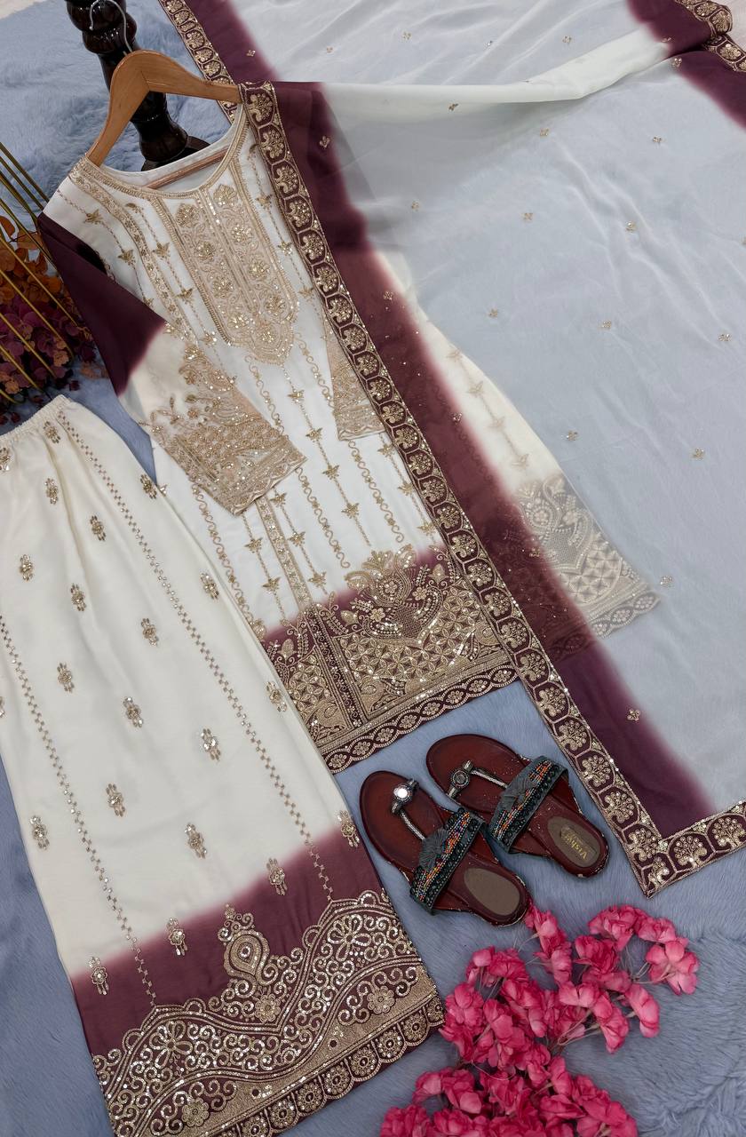 Launching New Đěsigner Party Wear Look Pur Heavy Dual Tone Peding Star Georgette Top Plazzo & Dupatta