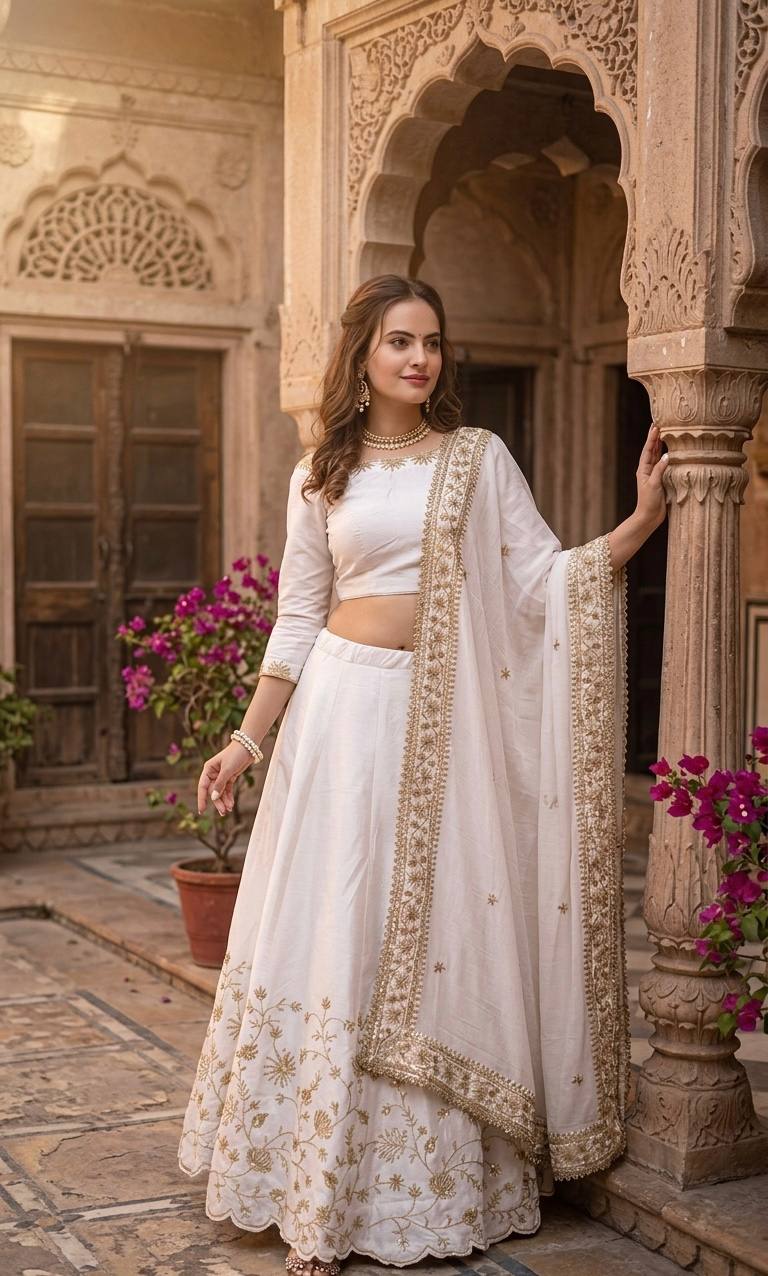Sehen Sie umwerfend aus in diesem wunderschönen cremefarbenen Lehenga-Set