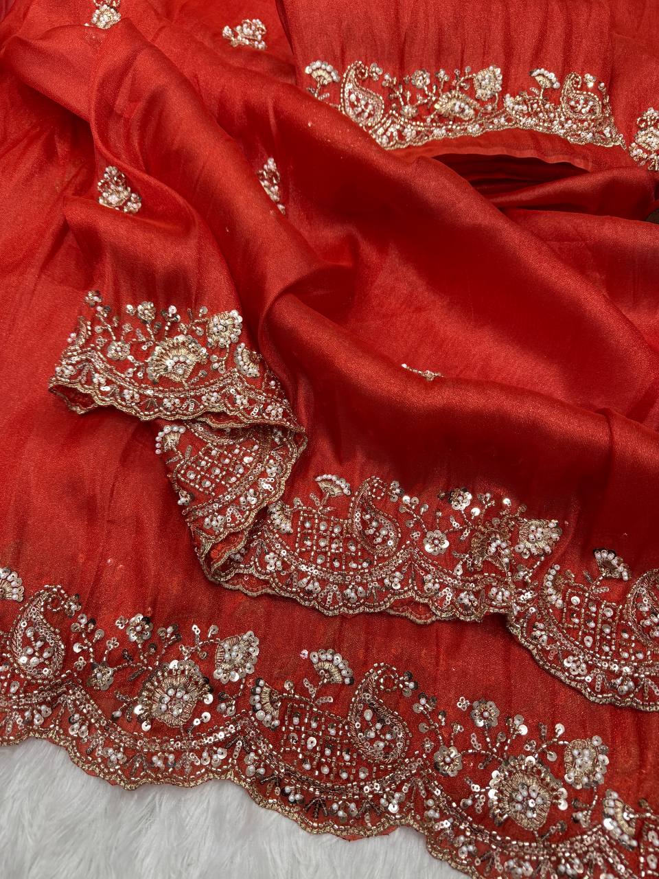 Premium soft Tissue Beautiful motis and Beads Saree