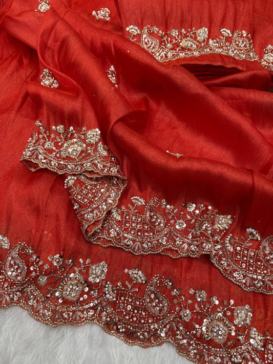 Premium soft Tissue Beautiful motis and Beads Saree