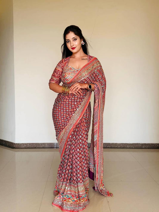 Soft Chinnon with beautiful print saree
